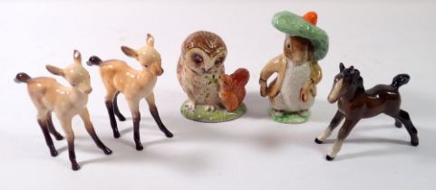 One Beswick brown foals and two fawns plus a Beatrix Potter 'Old Mr Brown' and Benjamin Bunny