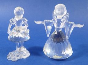 A Swarovski glass girl with basket, 8cm and winged angel, 9cm - boxed