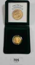 An Elizabeth II 1980 gold proof sovereign, leather case, Cond: Unc