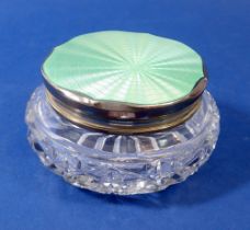 A cut glass with silver collar powder bowl with green enamel lid, Birmingham 1935