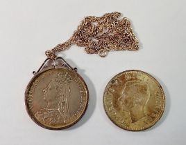 A Victorian silver crown 1890 mounted in silver on silver chain and a George VI 1937 crown