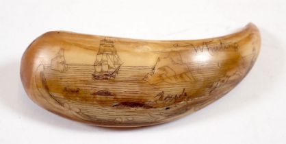 A whales tooth scrimshaw whaling ship decoration, 10.5cm long