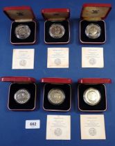 Six Sierra Leone silver 1 Leone coins 1974, each cased, five with COA, 28.28g per coin