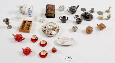 A quantity of dolls house vintage and older ceramics and pewter teaware, cutlery etc.
