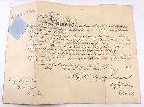 A 1904 King Edward VII military document appointing Lorenzo Margrave to be Quarter Master in Land