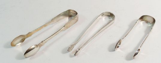 Two pairs of silver sugar tongs and a Georgian pair by Peter, Ann & William Bateman, 143g total