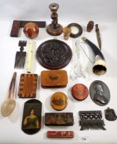 A box of treen and collectables including lacquer snuff box etc.