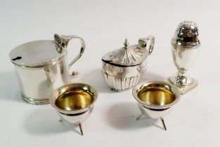 A collection of silver cruets including two mustards with blue glass liners, Mappin & Webb pair of