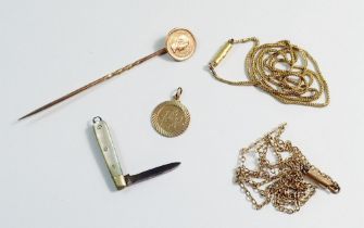 A 9 carat gold necklace, St Christopher and fine chain, 3.7g plus gold coin four reales stick pin