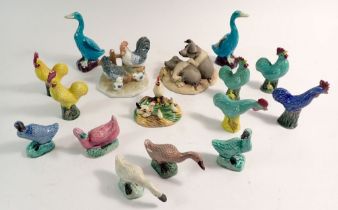 A collection of Chinese miniature duck ornaments, 9cm tall and chicken ornaments etc.