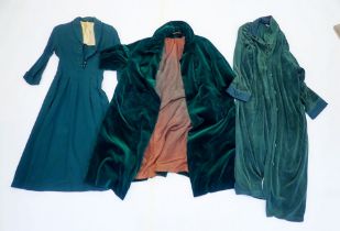 A vintage green day dress and two green velvet evening coats