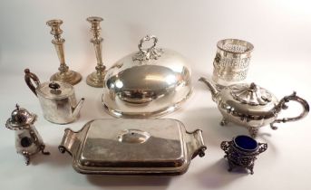 A pair of Sheffield plated candlesticks, bottle holder and various other silver plated items