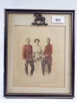 A military tinted photograph of two officers of the Queens Regiment circa 1900 with their mother