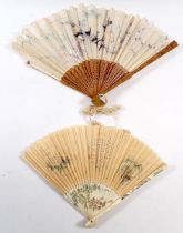 A Chinese bone and painted paper fan and a wood and silk embroidered fan - a/f