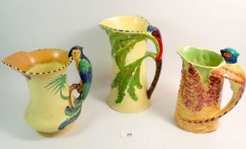 Three Burleigh Ware Art Deco jugs with bird handles