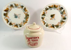 Two Davenport 'Ivy Wreaths' plates, 27cm diameter and a Thorntons Toffee jar