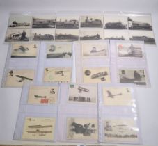 Sixteen early aviation postcards and sixteen steam train postcards