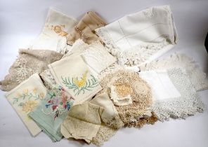 A box of embroidered and crochet table linen plus a lace stole etc.