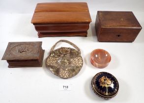 Three wooden boxes, agate pin dish and a sequined evening bag