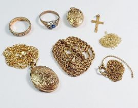 A group of 9 carat gold jewellery including two rings, two lockets, crucifix and four chains - total