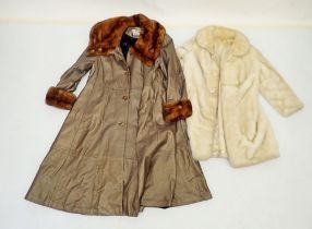 A vintage Dero leather and fur trimmed ladies coat and a white fake fur coat