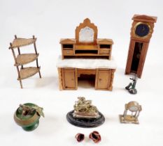 A group of dolls house furniture and accessories to include marble topped sideboard, longcase clock,