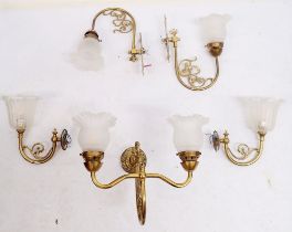 Three brass scrollwork and etched glass Christopher Wray wall lights (one with double light fitting)