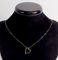 A 9 carat white gold necklace with heart pendant set diamond, 45cm long box link chain can be worn