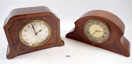 An Edwardian mahogany 8 day mantel clock, 13cm tall and a 1930's walnut 8 day mantel clock