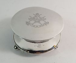 A circular silver trinket box engraved Regimental Crest 'Sherwood Forrester' by J Gloster Ltd,
