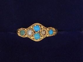 A Victorian gold ring set turquoise and seed pearl (one pearl deficient) size I, 15g