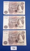Three Bank of England ten pound notes J B Page chief cashier, 1970-1975