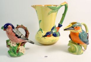 Two Burleigh Ware Art Deco kingfisher jugs and a Bullfinch one