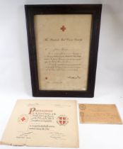 A 1918 British Red Cross Society certificate confirming a John Palmer has been inscribed upon the