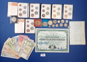 A group of coins, banknotes and certificate including George V silver threepence 1922, one