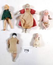 Five various bisque and porcelain dolls house dolls