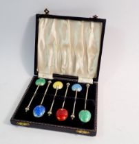 A silver and enamel harlequin set of six teaspoons in case, Birmingham 1955 by Adie Bros