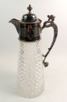 A Walker and Hall cut glass and silver plated claret jug with dragon handle, 28cm tall