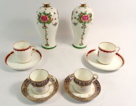 A pair of Whieldon Ware floral vases, a pair of Minton coffee cups and saucers and a Copeland pair