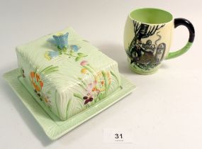 A Carlton Ware mug printed man with monocle and Dreamer poem plus a Beswick butter dish