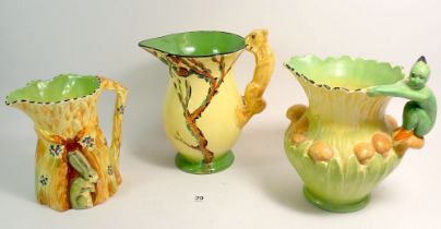 Three Burleigh Ware Art Deco jugs, one with imp handle, the others with hare and squirrel