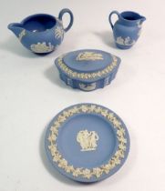 Four items of blue Wedgwood Jasperware