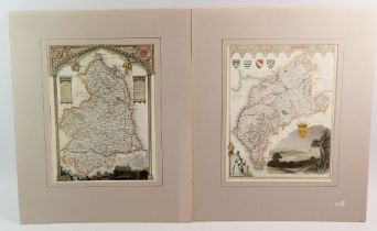 Two antique maps of Cumberland, 24 x 19cm and Northumberland, 25 x 20cm by Thomas Moule - mounted