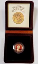 An Elizabeth II 1981 gold proof sovereign, leather case, Cond: Unc