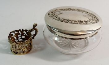 A glass powder pot with silver lid, London 1909 by William Comyns, lid 68g plus a silver cup