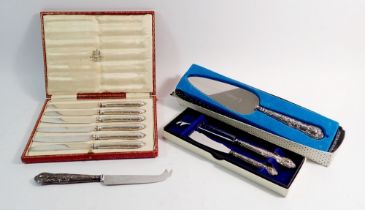 A set of six silver handled tea knives - boxed, a silver handled cake slice, butter and cheese