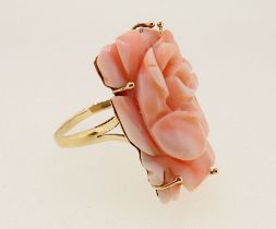 A large 14 carat gold carved coral flower ring, stamped 585 14k to shank, 6.9g, size Q, oriental box