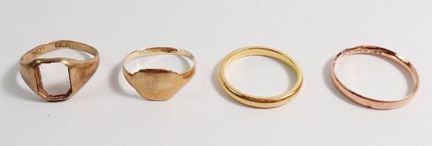 Two 9 carat gold signet rings, 3g, a 9 carat rose gold wedding band, 1.4g and a 22 carat gold