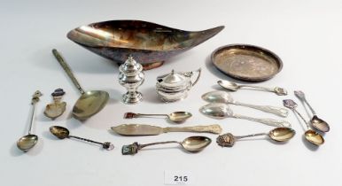 Two silver teaspoons and a butter knife 89g, a white metal serving spoon, silver pepper pot and