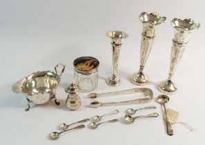 Three silver bud vases, a tortoiseshell and silver topped toiletry jar, a pair of Georgian silver